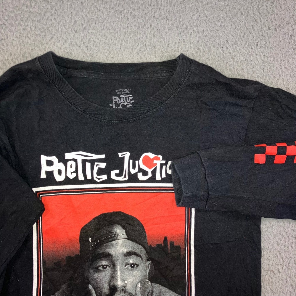 Poetic Justice T-Shirt Men Small Black Tupac Graphic Long Sleeve Checkerboard